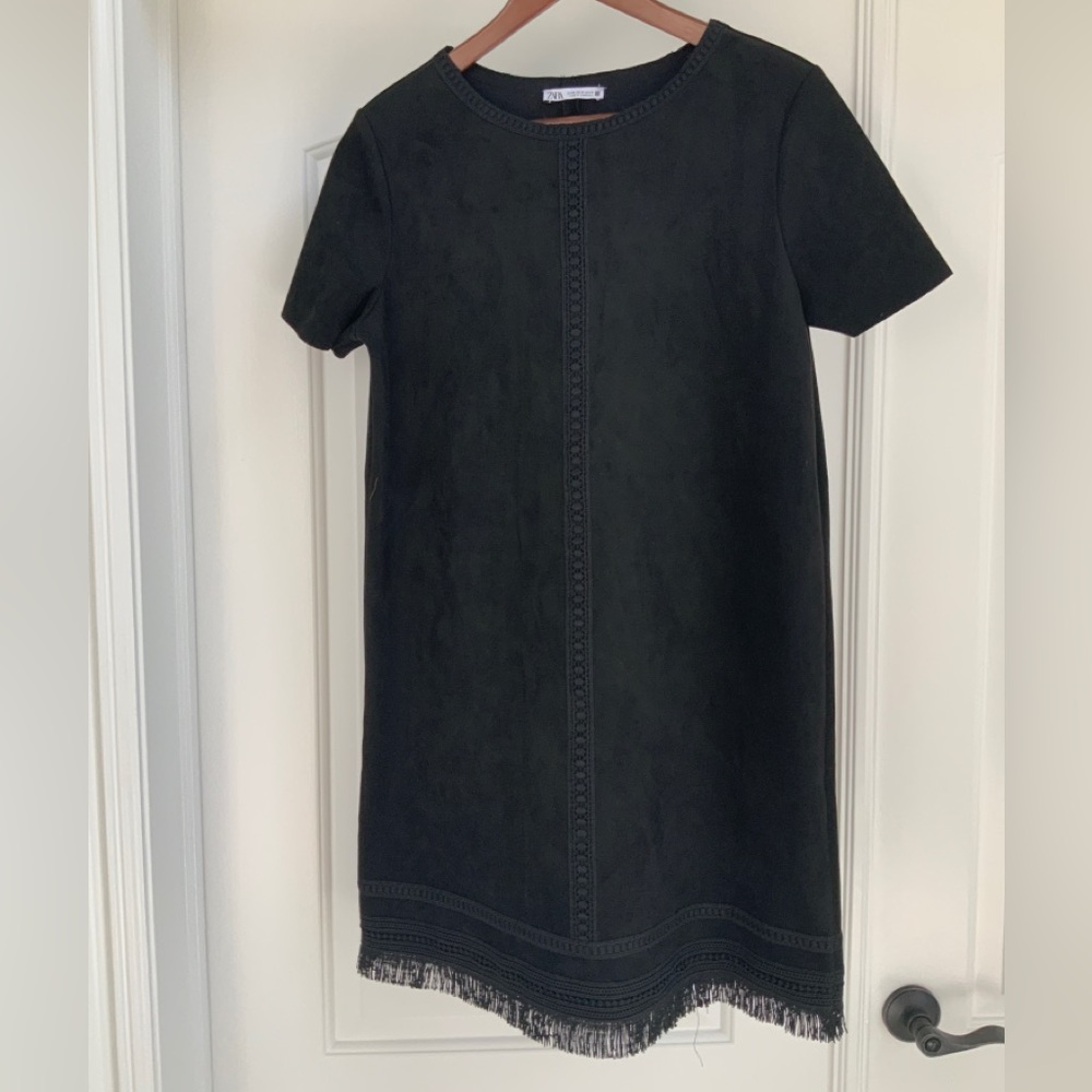 ZARA Woman Black FAUX SUEDE DRESS Mini embroidered